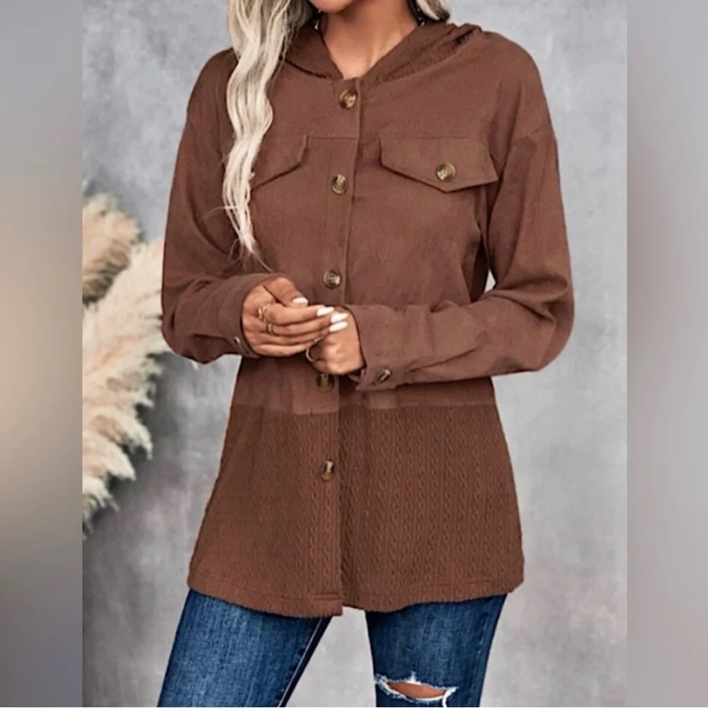 ๐ฅณHP 11/28/22๐Hooded Long Sleeve Button Front Corduroy Jacket Color: Brown - Picture 1 of 6